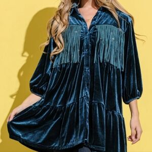 Teal Velvet Long Sleeve Dress